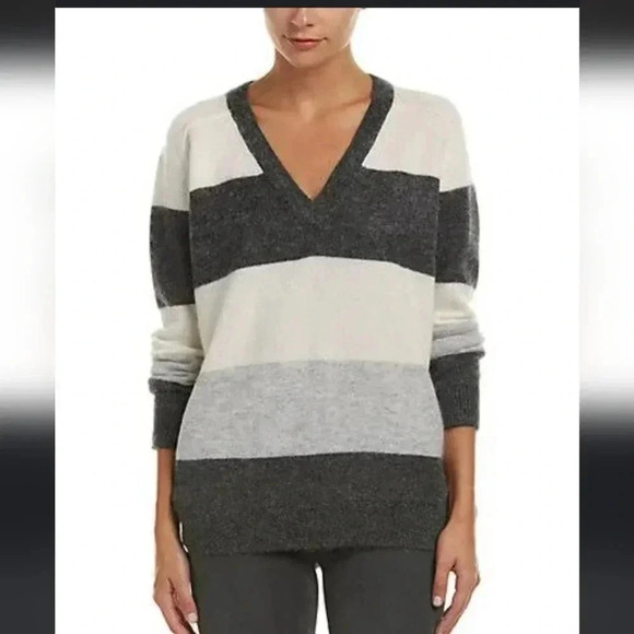 Vince Striped Mohair Blend V- Neck Sweater in Carbon/White/Steel Size xs - Picture 2 of 6